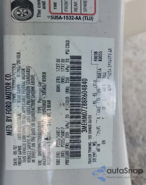 2008 Mercury Milan из США, поврежденный, VIN 3MEHM07Z88R604840